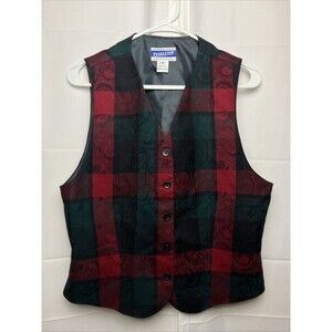 Size 12 Pendleton Mens Virgin Wool Plaid Vest Red Green Button Floral V-Neck